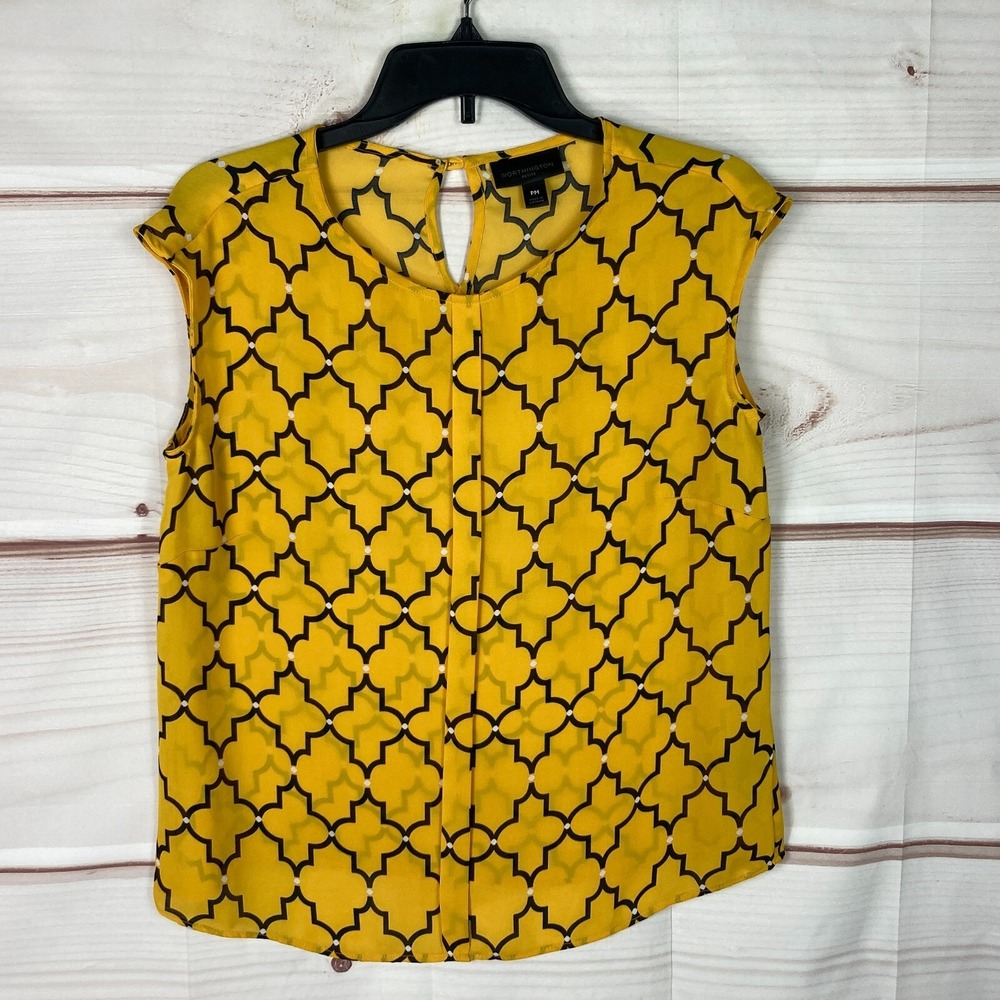 Worthington Top Womens PM Petite Sleeveless Blouse Geometric Yellow Pullover